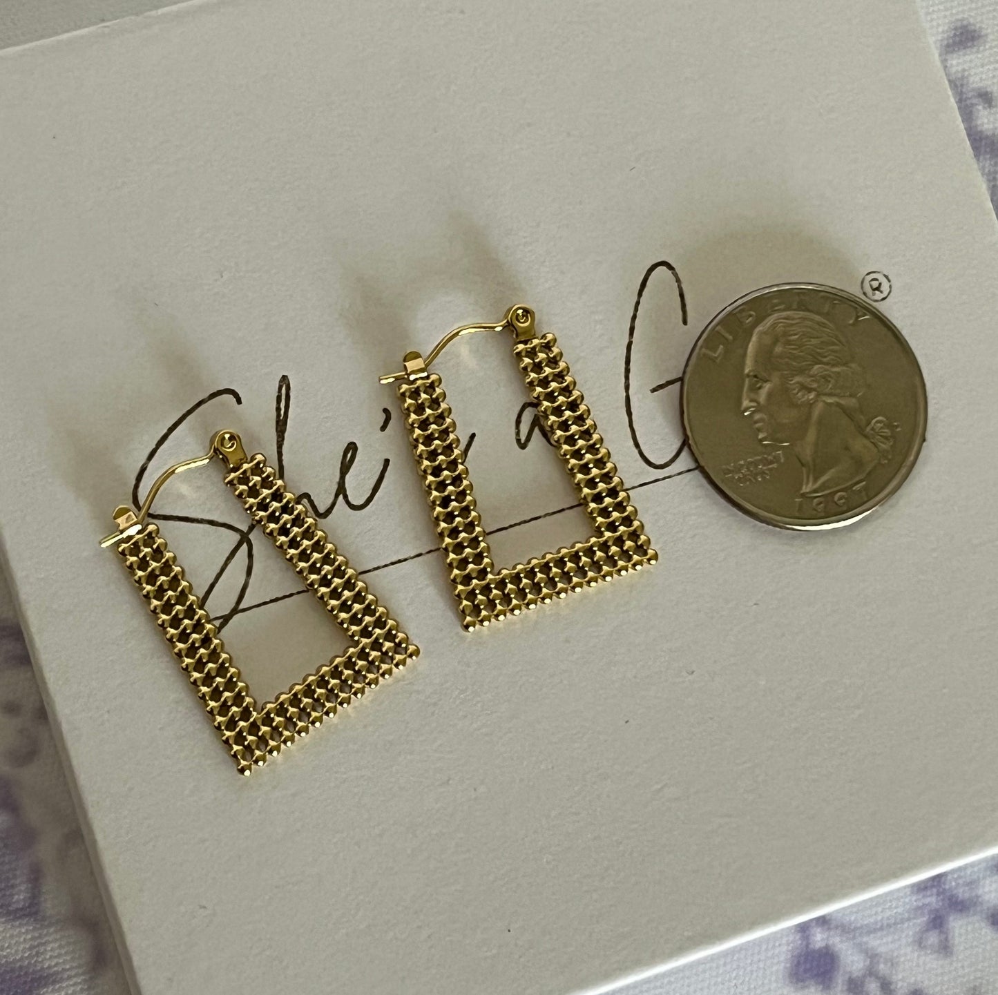 Gold Plated Stainless Steel Grid Drop Earrings