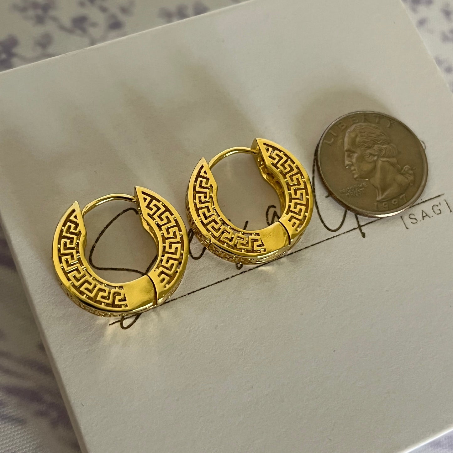 Gold Filled Greek Pattern Hoop Earrings