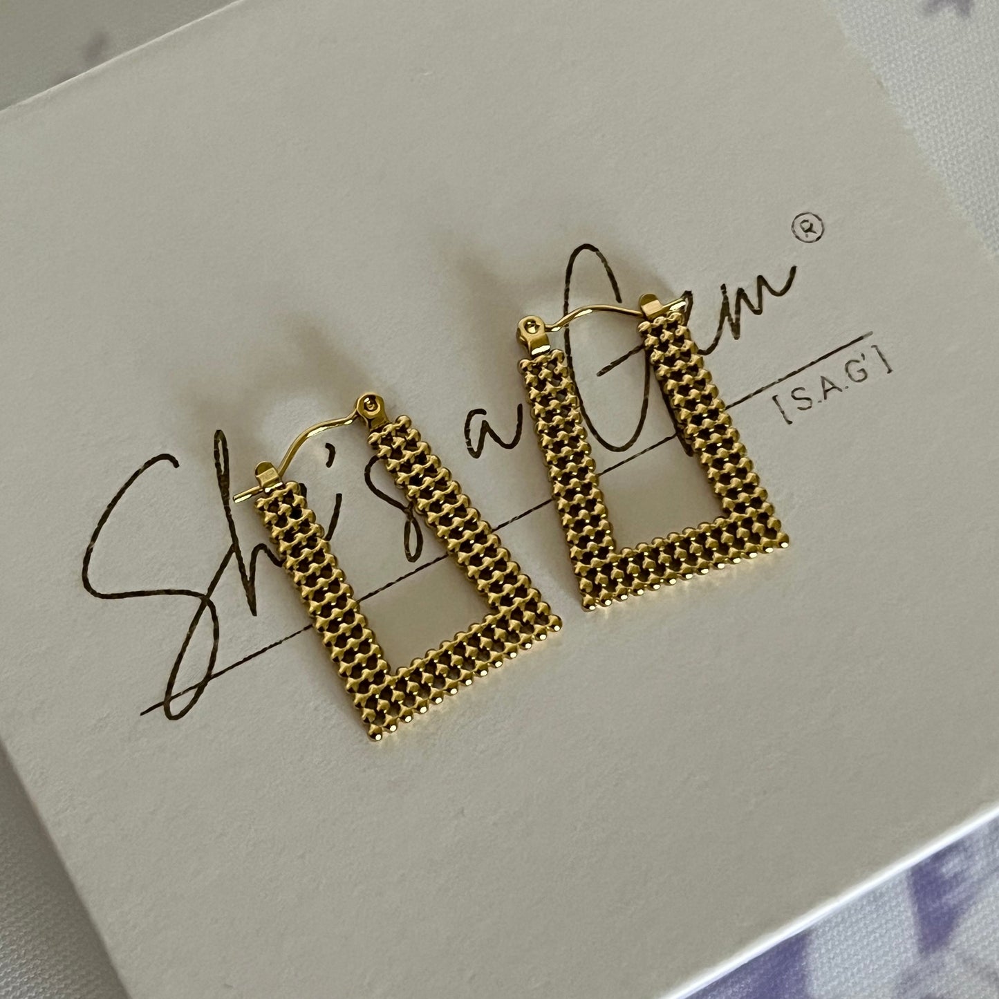 Gold Plated Stainless Steel Grid Drop Earrings