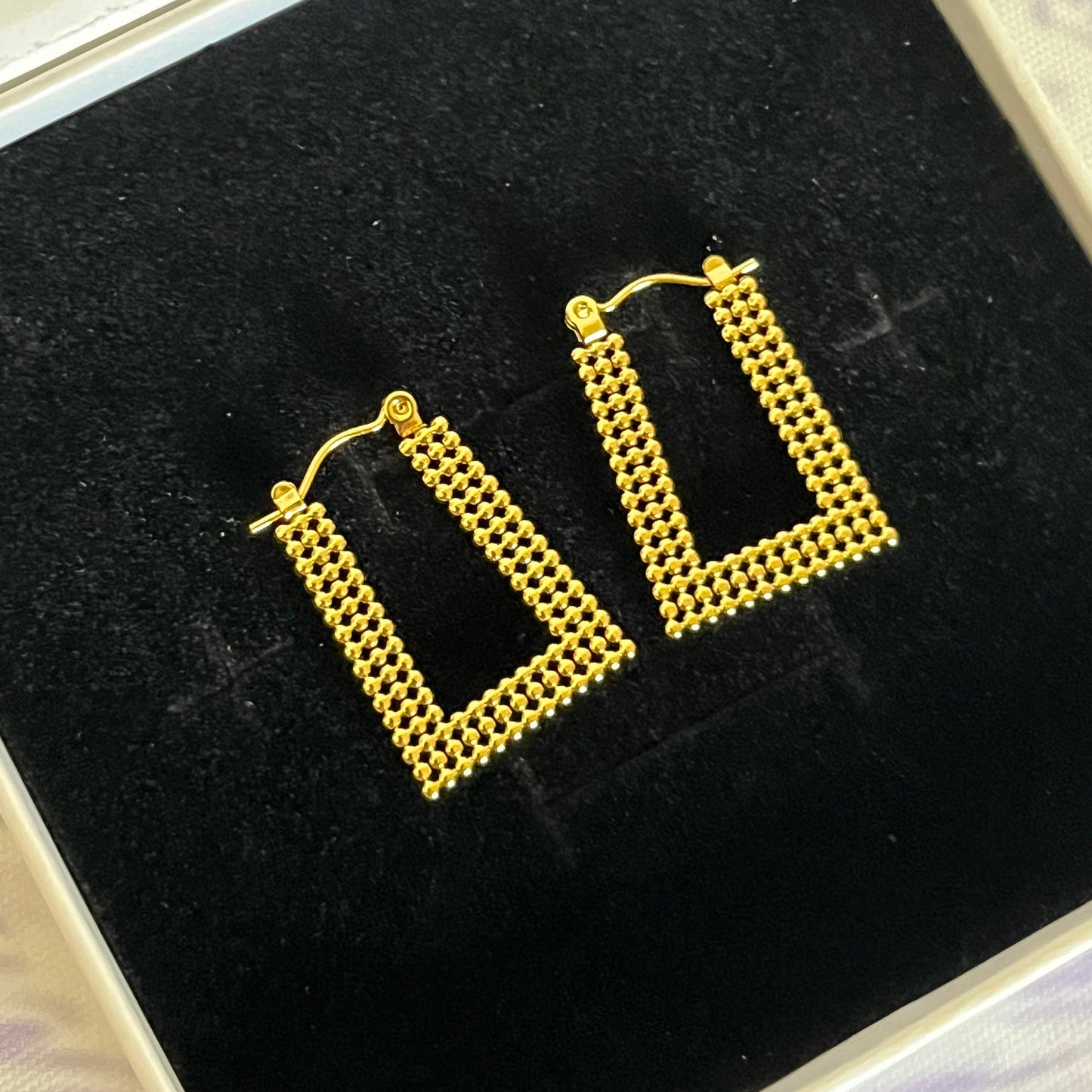 Gold Plated Stainless Steel Grid Drop Earrings