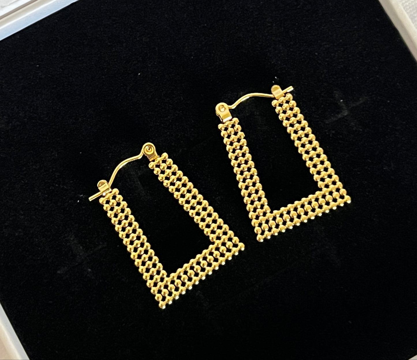 Gold Plated Stainless Steel Grid Drop Earrings