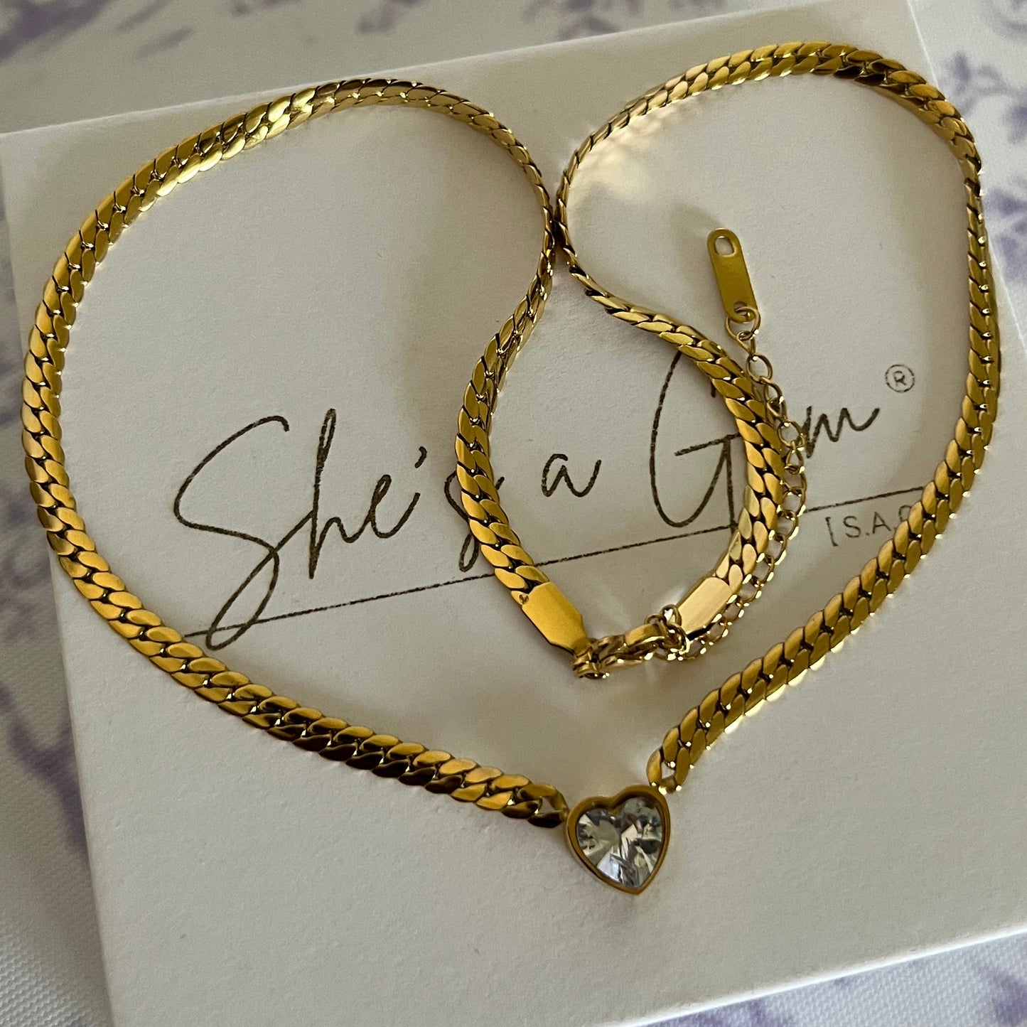 Gold Plated Stainless Steel Heart Cuban Link Necklace