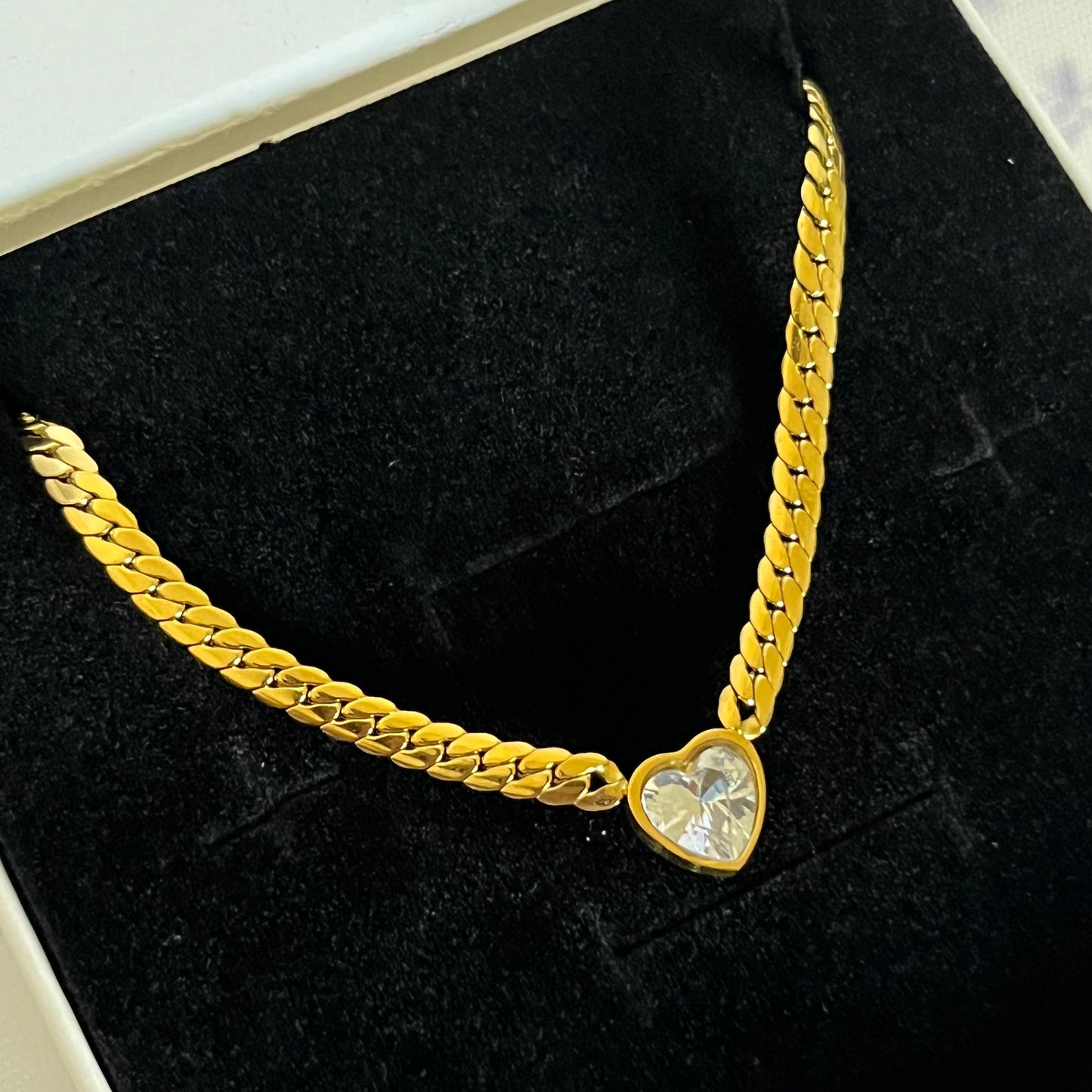 Gold Plated Stainless Steel Heart Cuban Link Necklace