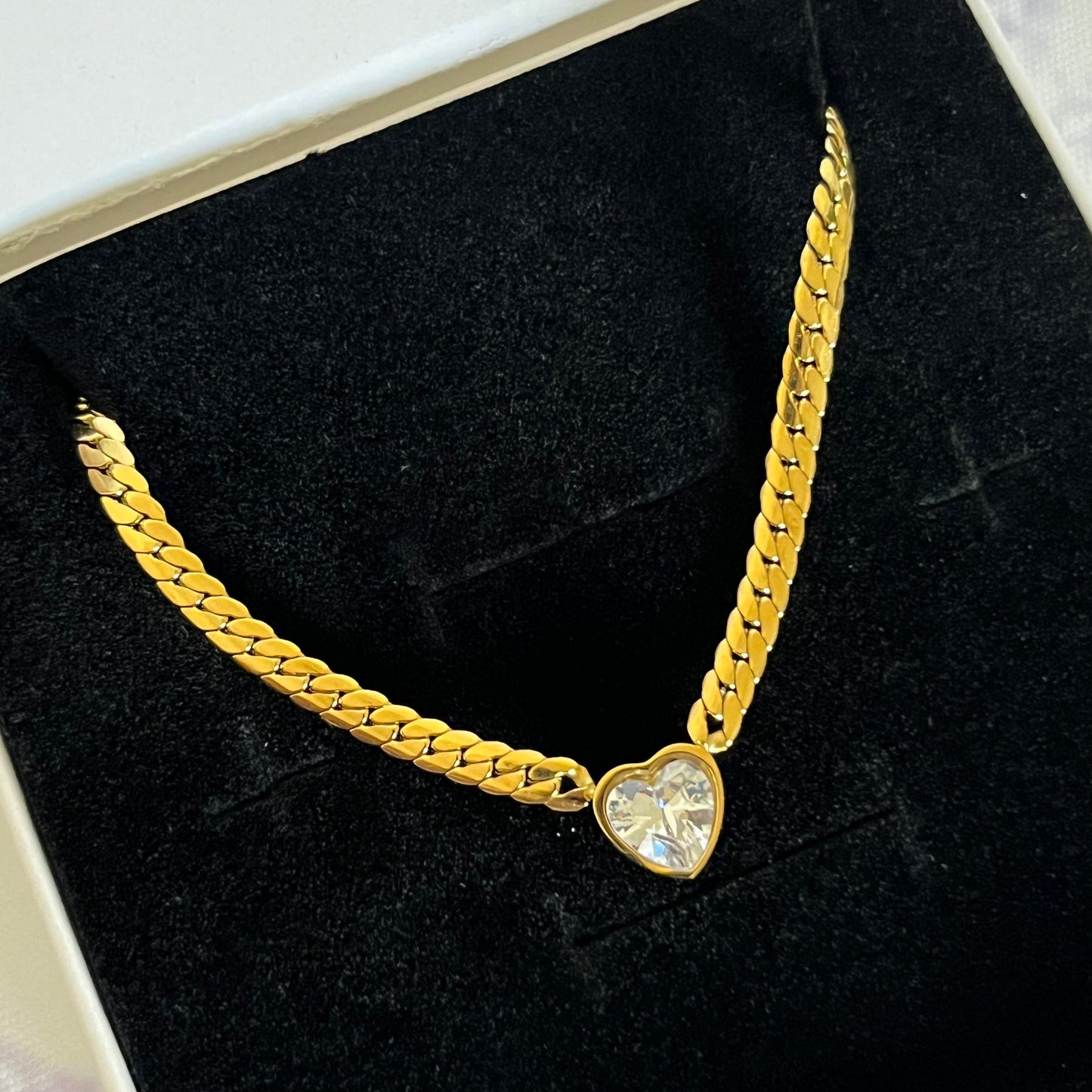 Gold Plated Stainless Steel Heart Cuban Link Necklace