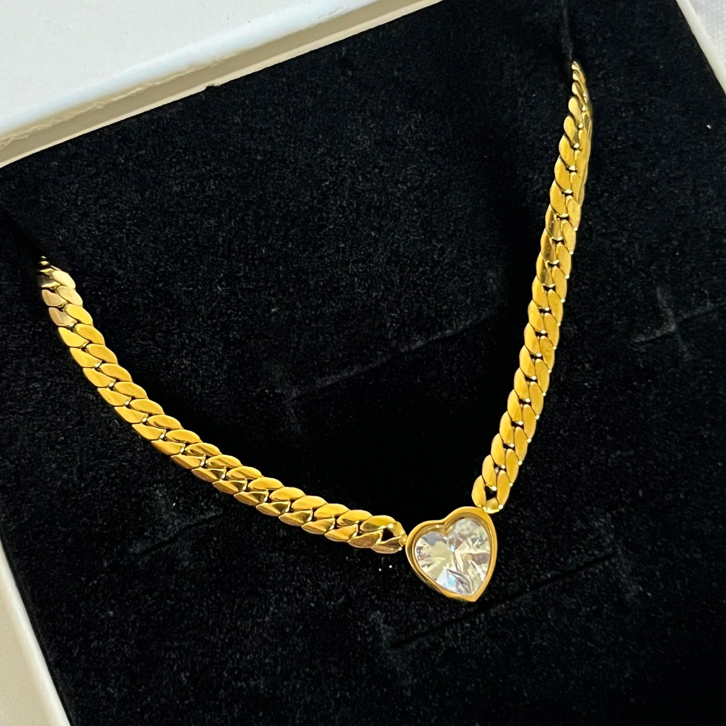 Gold Plated Stainless Steel Heart Cuban Link Necklace