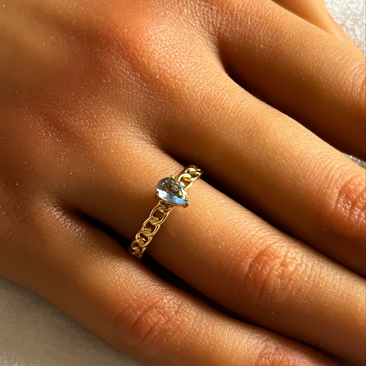 18K Gold Plated Stainless Steel Pear Cut Blue Stone Chain Band Adjustable Ring