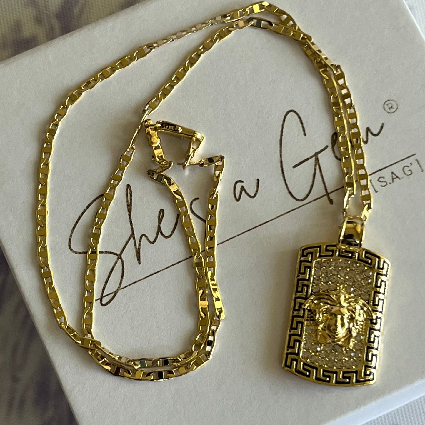 Gold Filled Medusa Greek Key Pattern Pendant Necklace