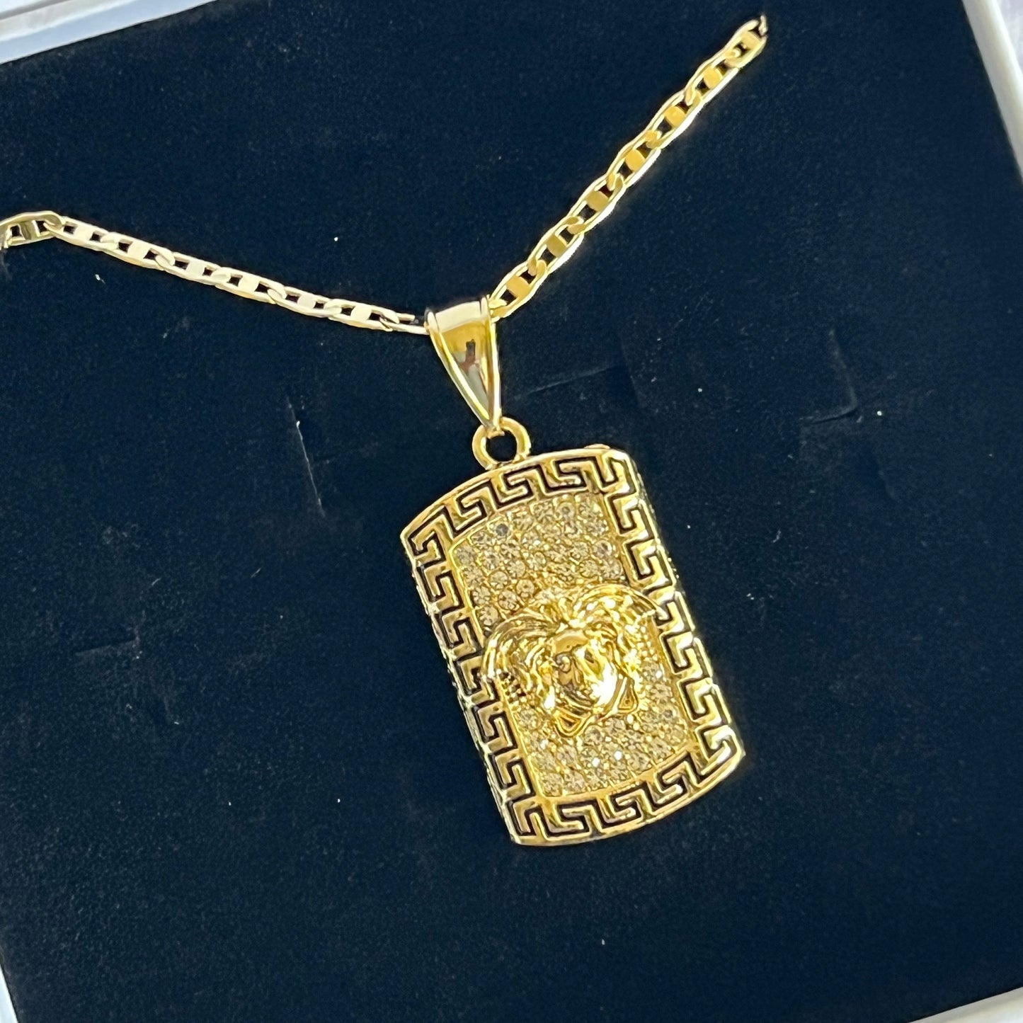 Gold Filled Medusa Greek Key Pattern Pendant Necklace