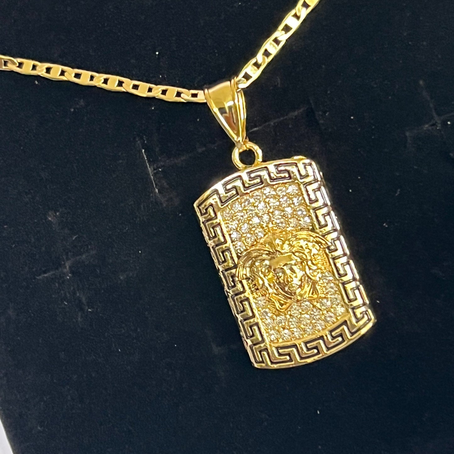 Gold Filled Medusa Greek Key Pattern Pendant Necklace
