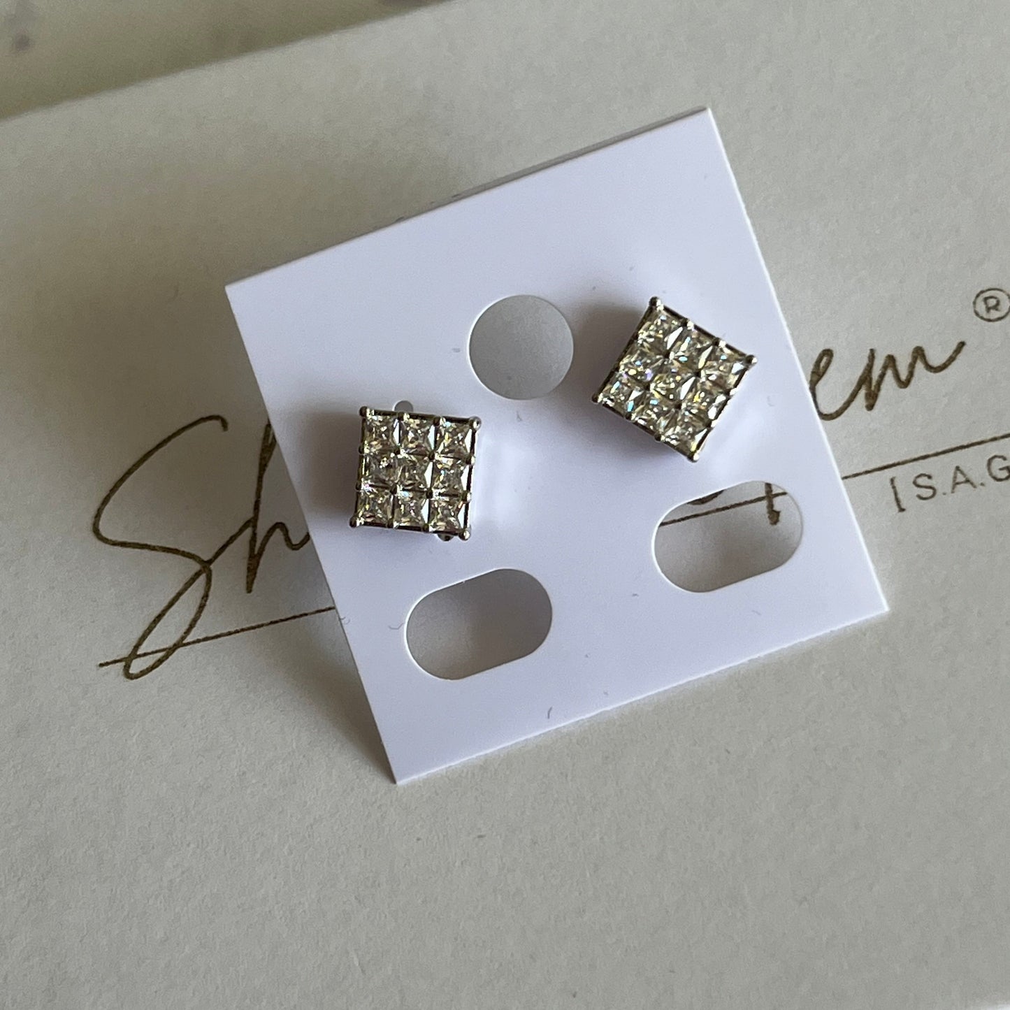 Gold Filled Silver Square Pave Stud Earrings
