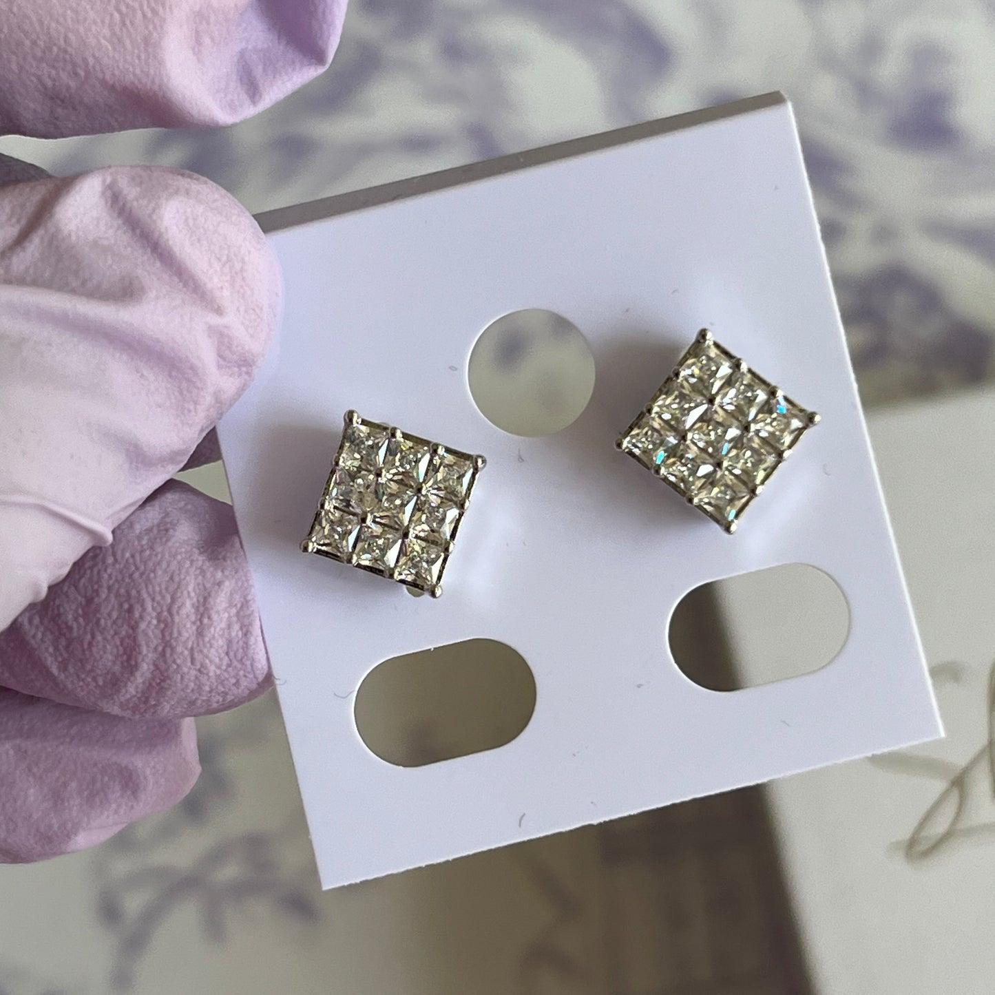 Gold Filled Silver Square Pave Stud Earrings