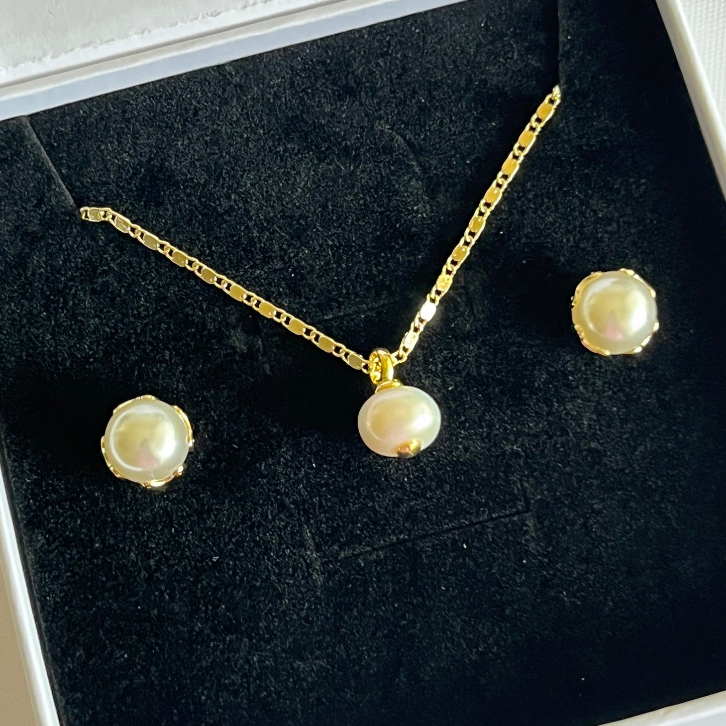 Gold Filled Pearl Jewelry Set - Necklace & Stud Earrings Set
