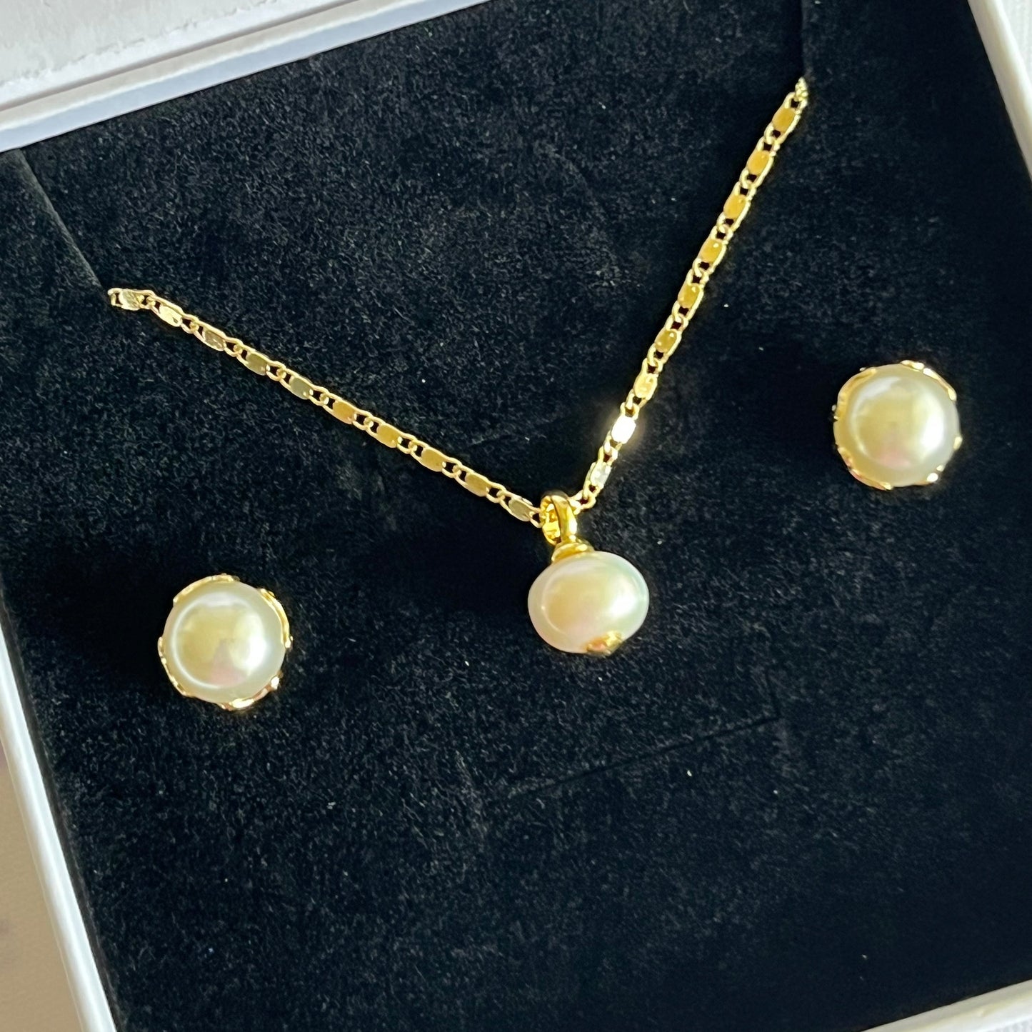 Gold Filled Pearl Jewelry Set - Necklace & Stud Earrings Set