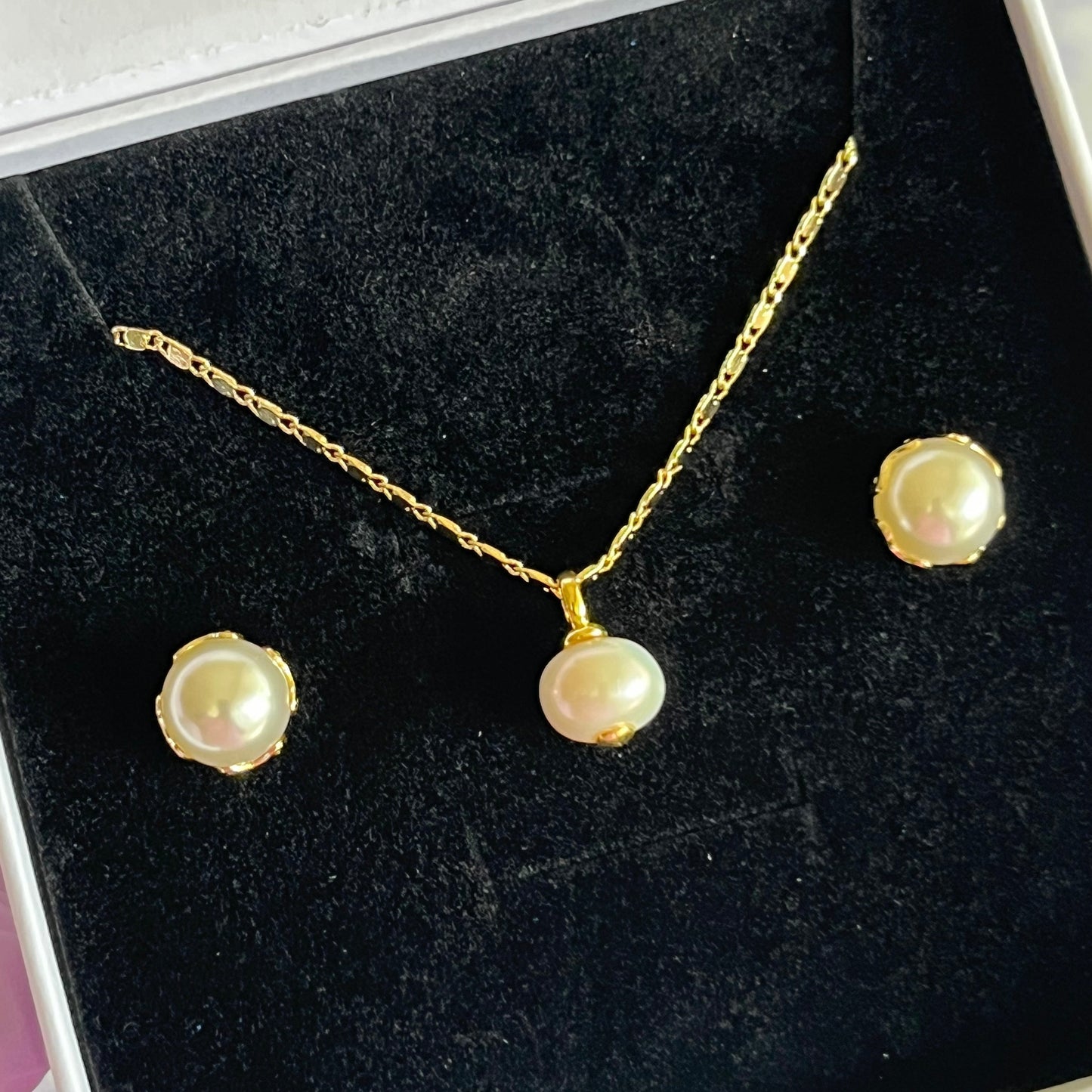 Gold Filled Pearl Jewelry Set - Necklace & Stud Earrings Set