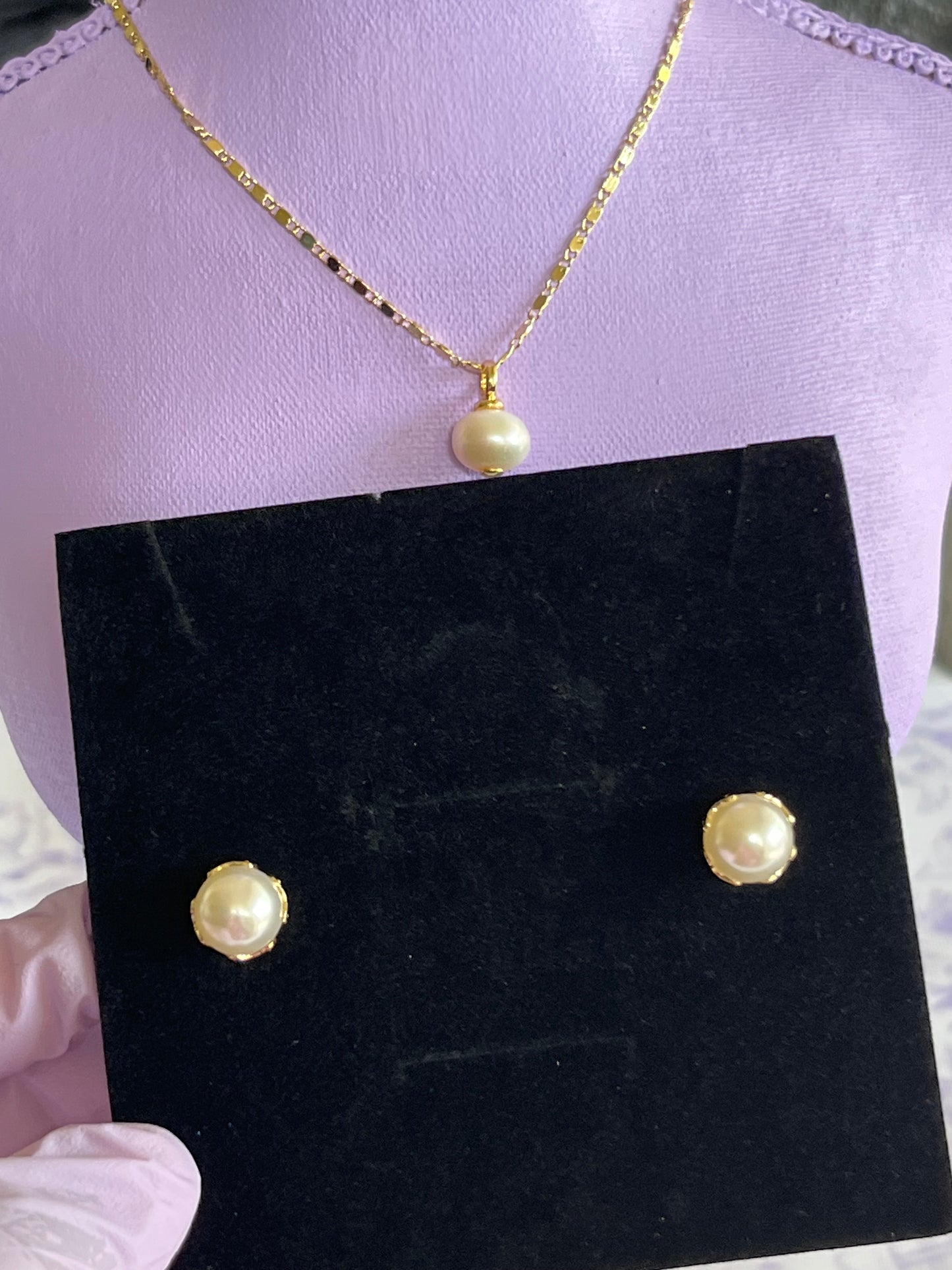 Gold Filled Pearl Jewelry Set - Necklace & Stud Earrings Set