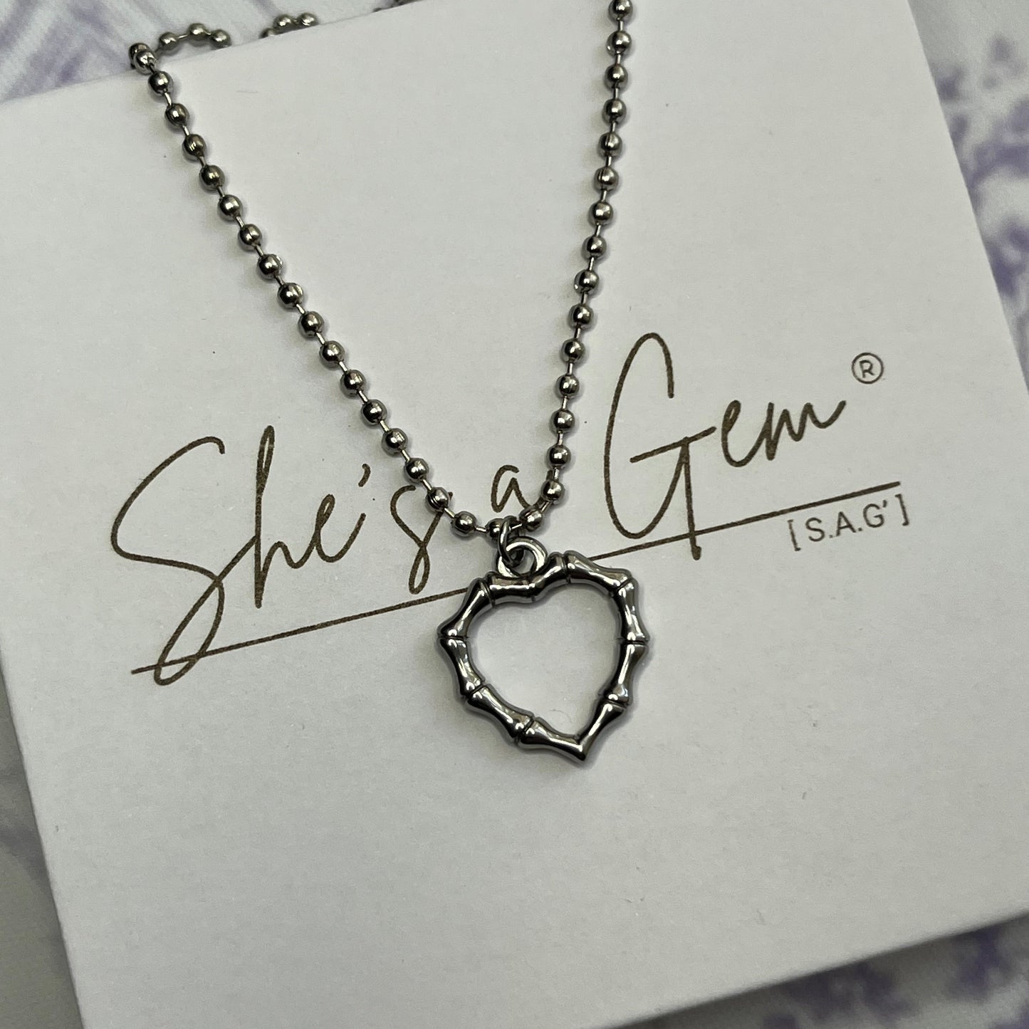 Stainless Steel Bamboo Heart Charm Necklace