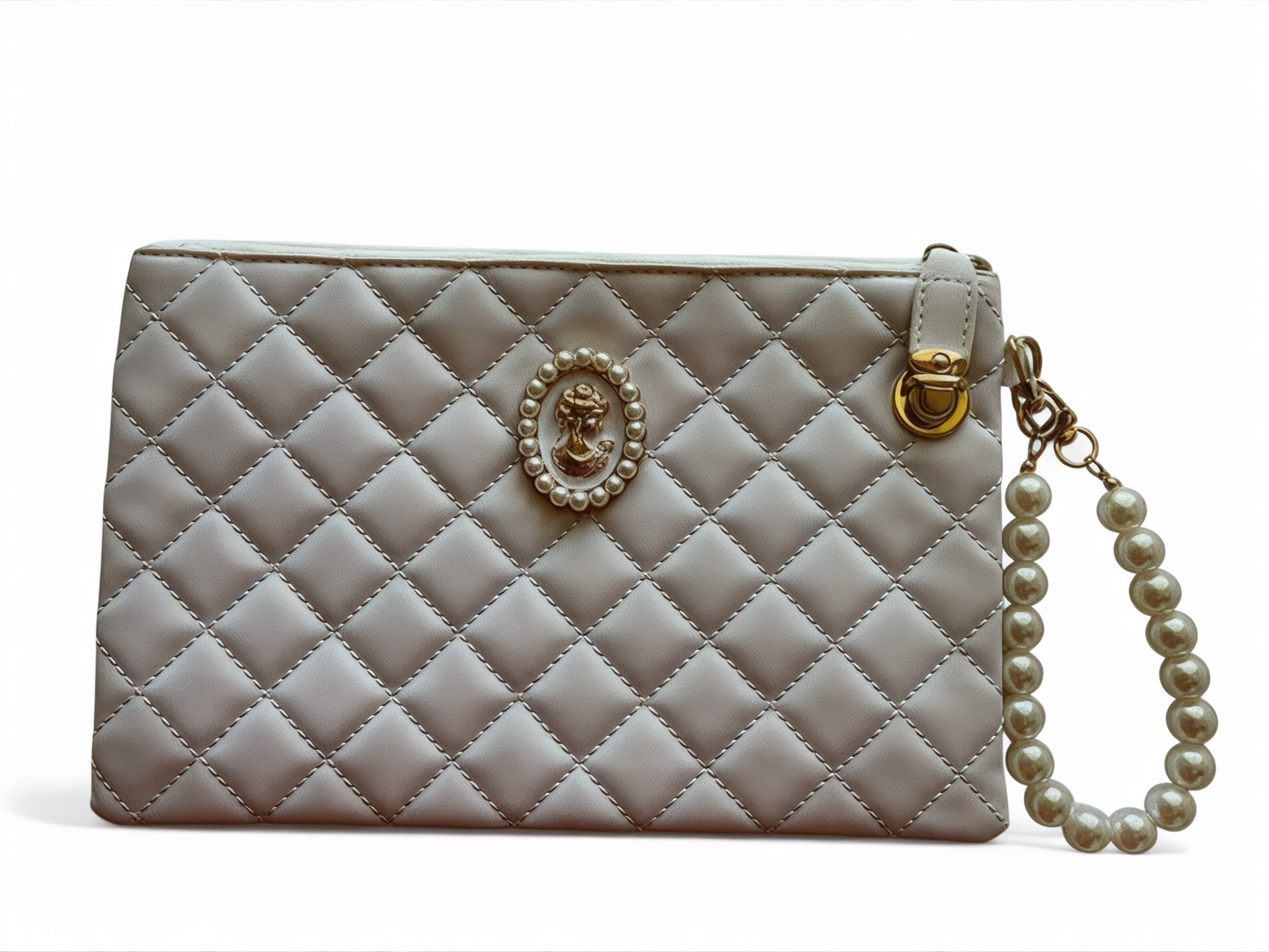 Vintage Style Cameo Head Quilted Pouch with Pearl Wristlet