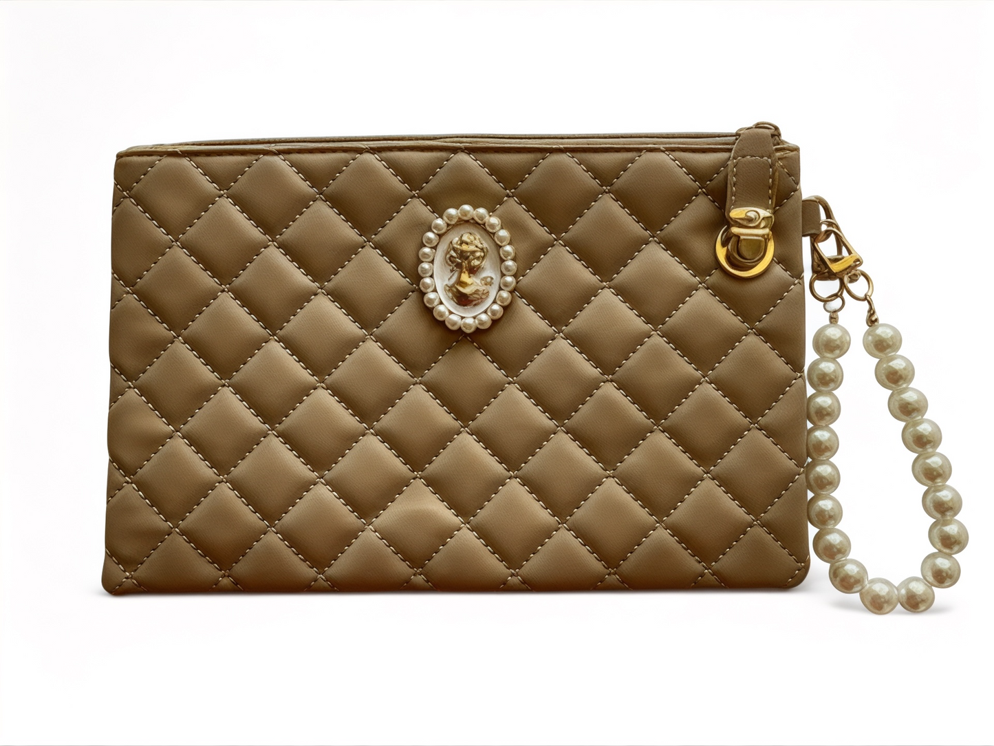 Vintage Style Cameo Head Quilted Pouch with Pearl Wristlet