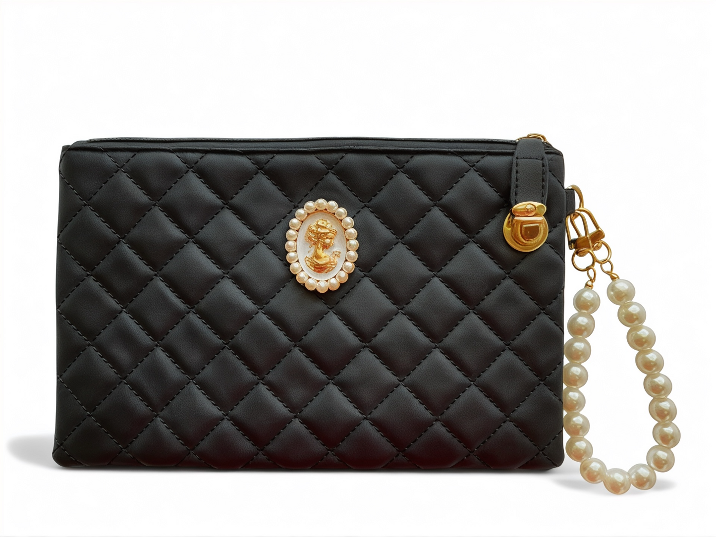 Vintage Style Cameo Head Quilted Pouch with Pearl Wristlet