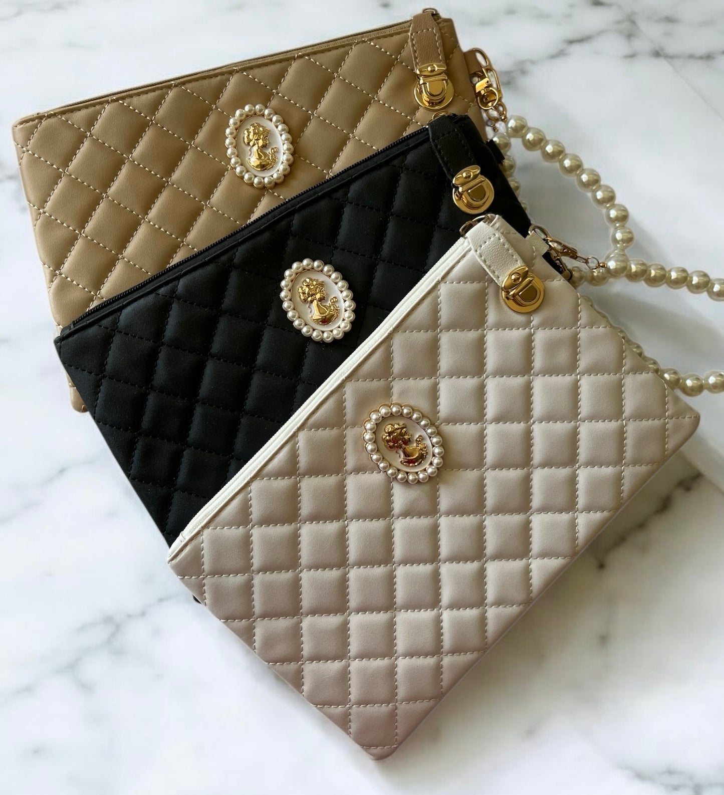 Vintage Style Cameo Head Quilted Pouch with Pearl Wristlet